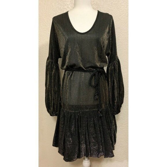 vintage Dresses & Skirts - Mara O. Vintage 70s Black Metallic Puff Sleeve Retro Dress w/ Belt